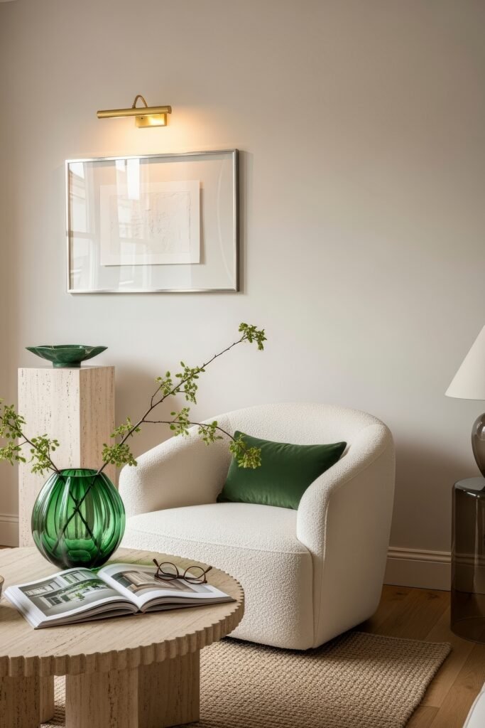 Ideas to Nail a Luxury Apartment Aesthetic 10 Bright reading corner with a boucle chair, green velvet pillow, ribbed stone pedestal, and round glass vase of greenery, styled with a textured coffee table and soft neutral palette.