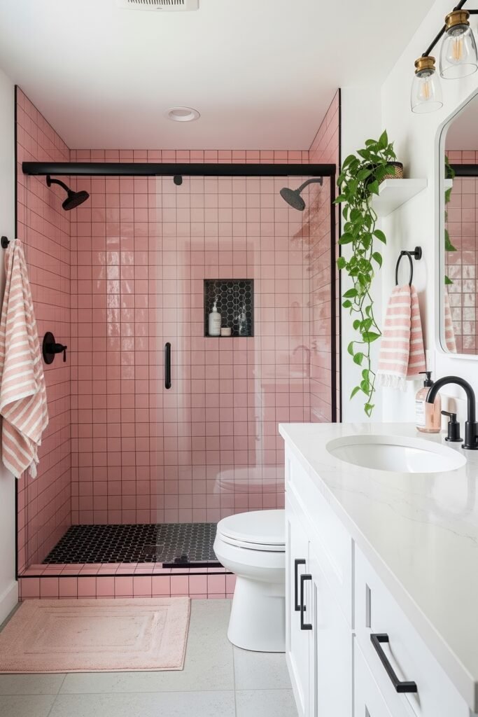 Fresh Ways to Style Pink Bathroom Decor: Looks That Glow 12 Modern bathroom with a glass shower featuring pink tiles, black accents, and a sleek white vanity, decorated with striped towels and plants as part of the pink bathroom decor.