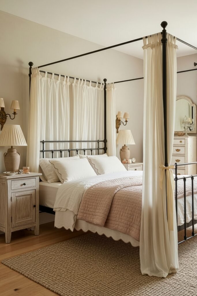 Sweet Ideas for a Romantic Cozy Farmhouse Bedroom 9 Elegant cozy bedroom with a black canopy bed framed by sheer curtains, soft blush bedding, and matching rustic nightstands with classic lamps.