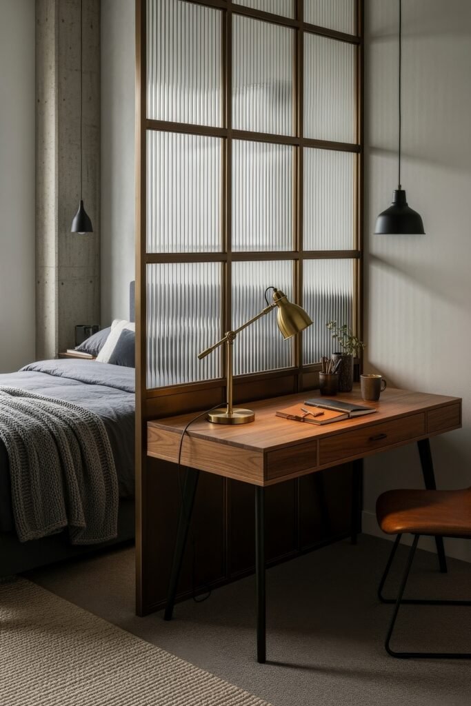 Small Bedroom Office Combo Ideas That Actually Look Chic 12 Industrial-style bedroom with a ribbed glass and wood partition dividing the bed and desk area, furnished with a walnut desk, brass lamp, and leather chair.
