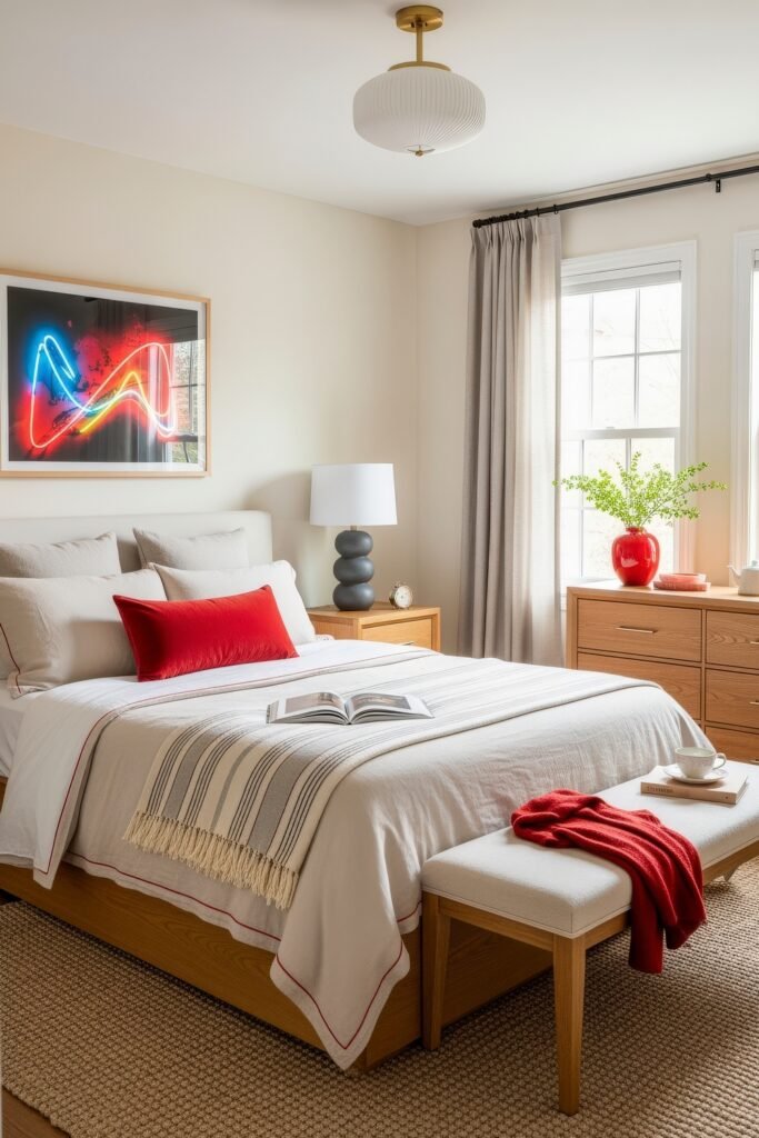 Small Bedroom Style Ideas: 15 Chic Looks That Work 12 Bright small bedroom featuring natural wood furniture, neutral bedding with red accents, and a vibrant neon wall art piece above the bed.