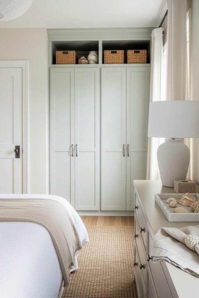 Smart, Stylish Storage Ideas for Small Bedrooms 12 Compact bedroom with floor-to-ceiling closed wardrobes, open top shelves holding woven baskets, and a dresser with coastal-inspired decor.