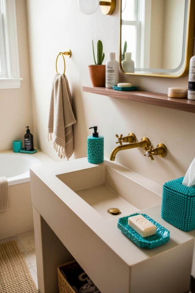 Desert-Modern Magic: Western Bathroom Decor Ideas 12 Neutral bathroom with brass fixtures, turquoise accessories, cactus plant, and warm wood accents styled with western bathroom decor flair.