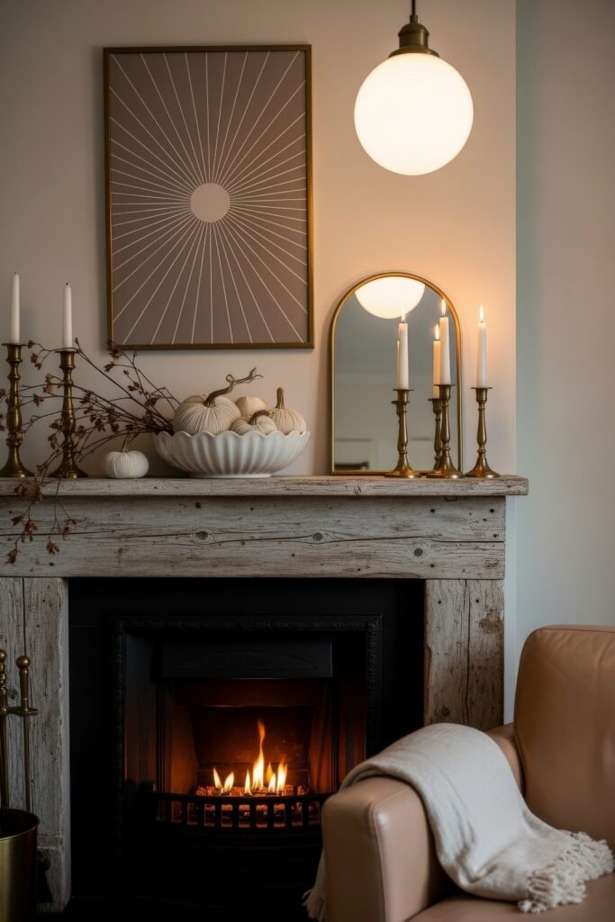 Fresh farmhouse fall decor Ideas for a Cozy, Modern Home 11 Rustic fireplace with a weathered wood mantel, decorated with white pumpkins in a ceramic bowl, brass candlesticks, and autumn branches, styled with cozy fall decor.
