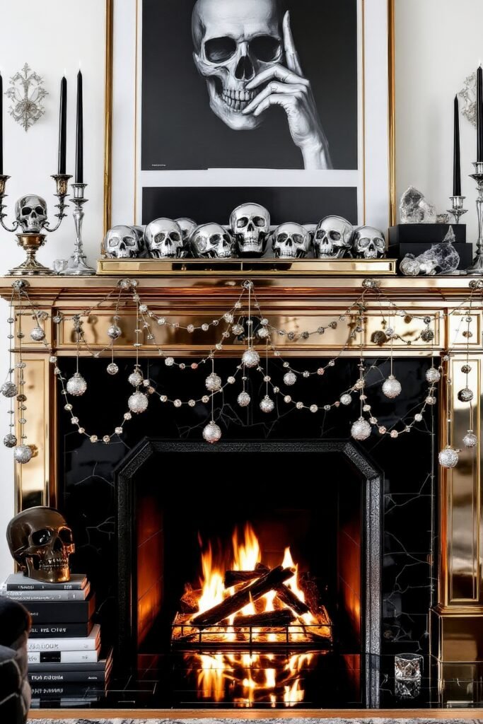 Spooky-Chic Halloween Fireplace Décor: Stylish Mantel Ideas 11 A dramatic gold and black fireplace styled with silver skulls, black candles, crystal accents, and sparkling garlands beneath a large skull artwork for a bold spooky-chic Halloween home look.