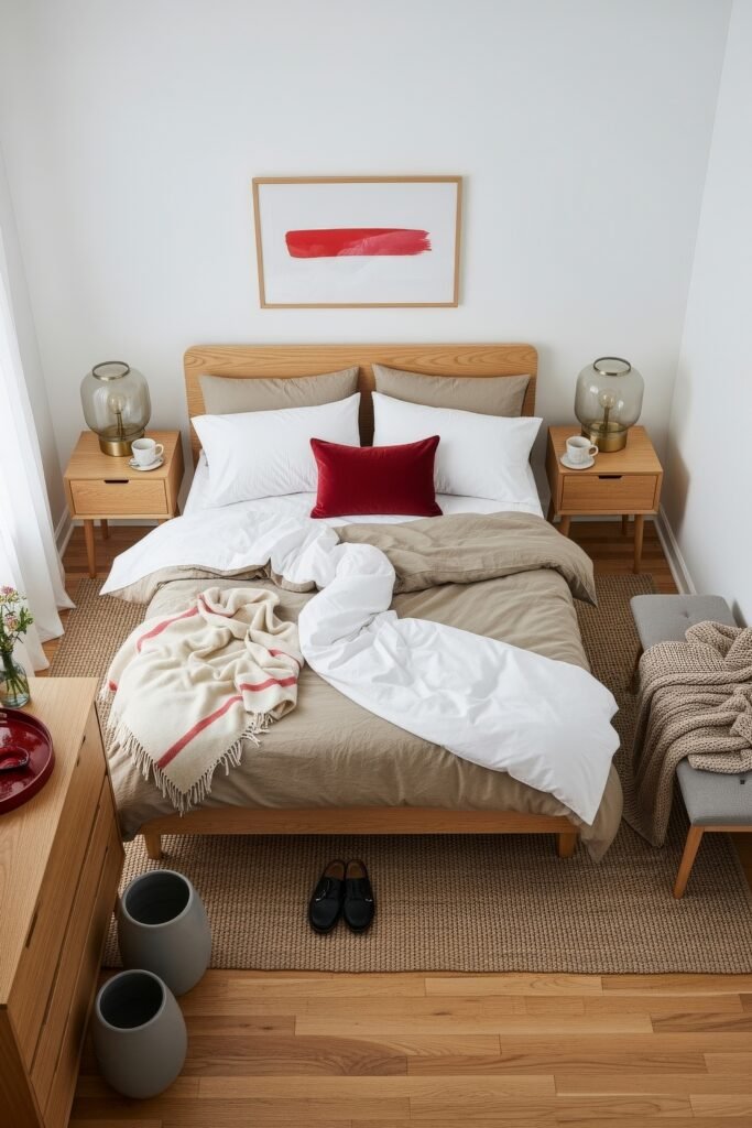 Small Bedroom Style Ideas: 15 Chic Looks That Work 13 Minimalist small bedroom style with warm wood furniture, neutral bedding, and a single deep red accent pillow under a bold red abstract artwork.