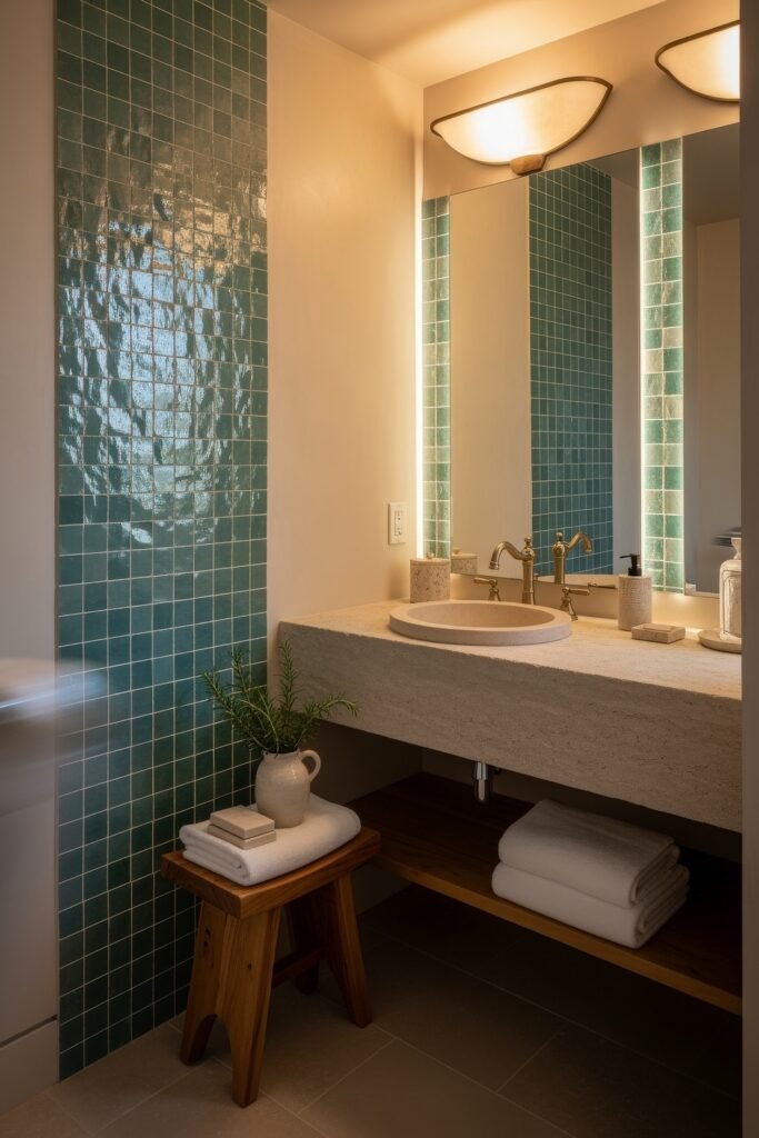 Bathroom Decor Ideas for Calm, Color, and Character 6 Modern bathroom with glossy green tiled walls, a stone countertop, brass fixtures, and soft lighting, blending natural elements with bold color for striking bathroom decor.