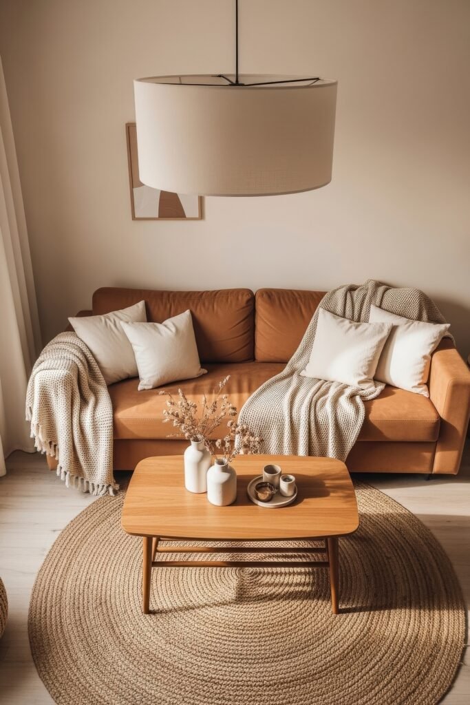Chic Ideas for a Brown Apartment Aesthetic 9 Inviting living room with a caramel leather sofa, soft beige pillows and knit throws, a round jute rug, and natural wood coffee table adorned with ceramic vases, offering a relaxed, earthy aesthetic apartment decor.