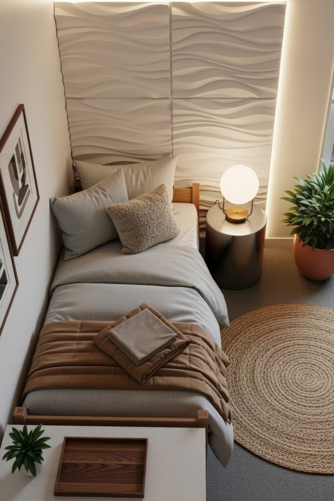 Trend-Forward dorm wall décor Ideas 8 Stylish dorm bedroom glow-up with textured wave panel wall décor, neutral-toned bedding, soft lighting, and a round jute rug.
