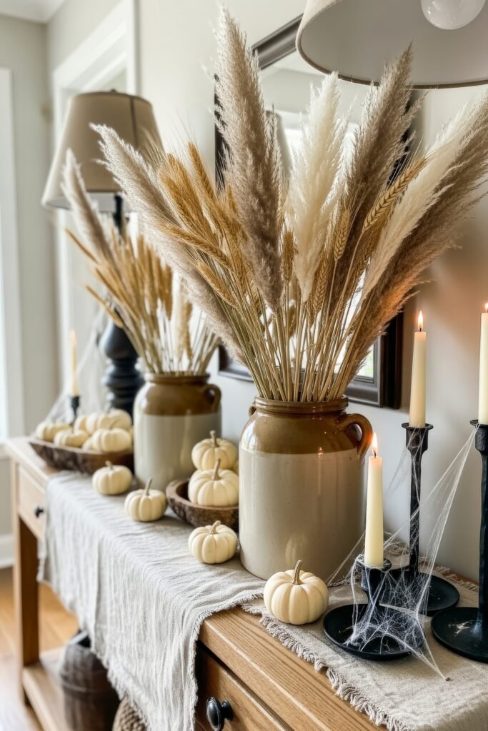 Chic Farmhouse Halloween: 13 Cozy, Stylish Decor Ideas 9 Neutral-toned console decorated with pampas grass in large ceramic vases, mini white pumpkins, black candlesticks with cobwebs, and a linen runner for farmhouse fall and Halloween décor.