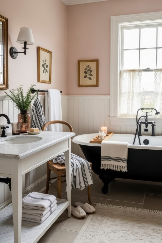 Elegant Ways to Layer french vintage bathroom décor 10 Soft pink bathroom with black clawfoot tub, white vanity, striped linens, and botanical prints for a balanced vintage bathroom decor.