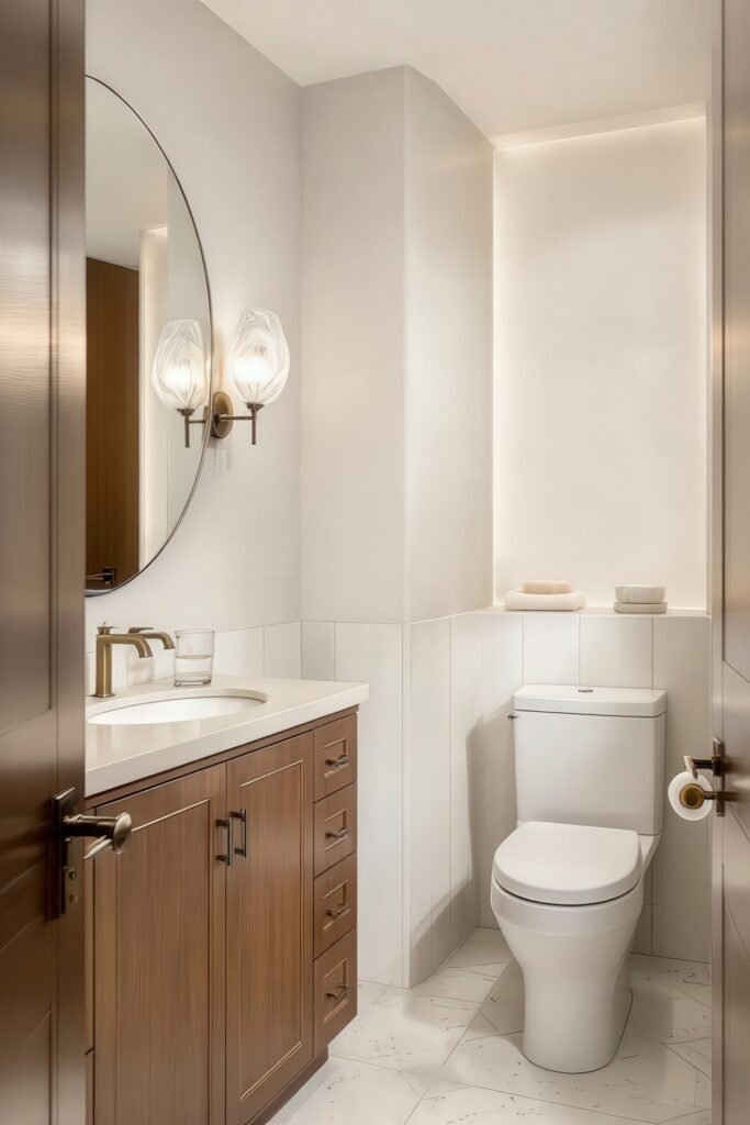 Half Bathroom Decor, Elevated: Jewel-Box Ideas 10 Warm and simple half bathroom with wood vanity, round mirror, soft lighting, and white tiled walls.
