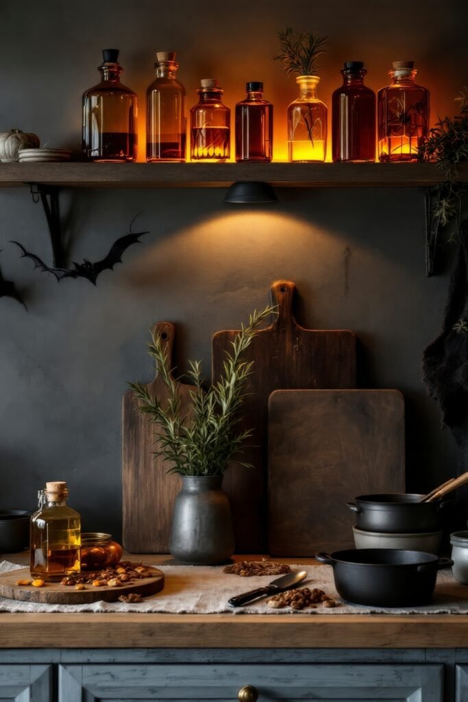 Fresh Ideas for your halloween kitchen 8 A moody halloween kitchen scene with glowing amber glass bottles on a shelf, dark cookware, cutting boards, and bats on the wall creating a witchy, Spooky-Chic Halloween Home feel.