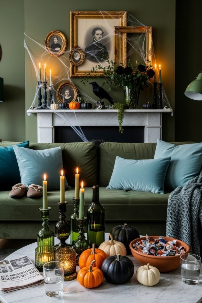 Stylish halloween living room Ideas: 15 Fresh Styles 10 Elegant halloween living room with green sofa, vintage portraits, black candles, pumpkins, and cobwebs draped across the mantel.