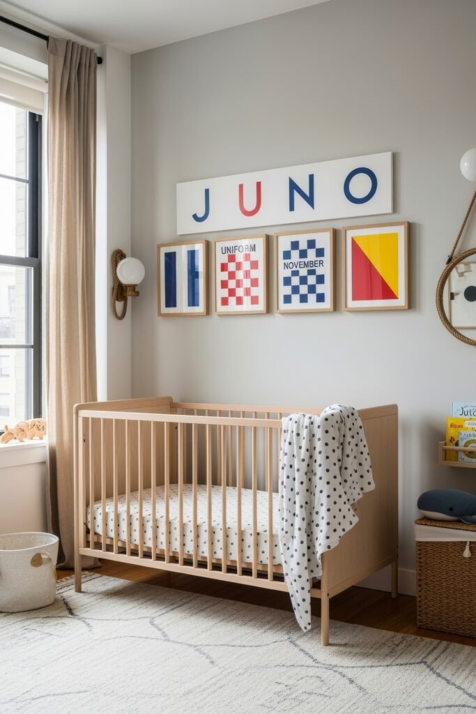 Fresh nautical nursery ideas for a calm, stylish baby room 10 Nautical-inspired nursery with a pale wood crib beneath framed signal flags spelling “Juno,” styled with rope accents and polka-dot bedding.