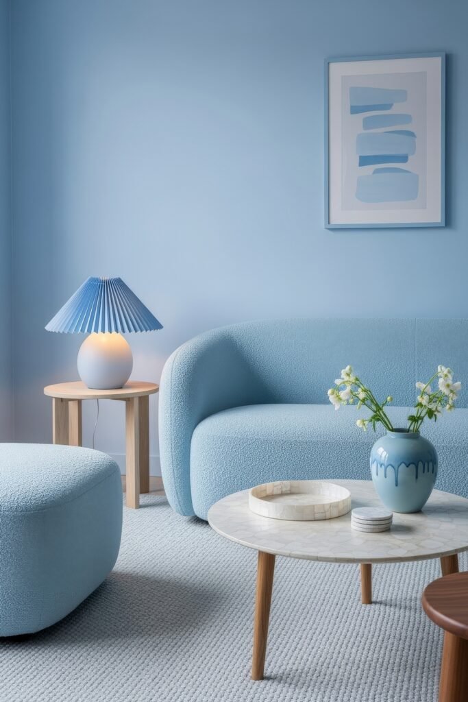 Chic Ideas for Aesthetic Apartment Decor That Feels Effortless 12 Modern living room in soft blue tones featuring a curved sofa, round ottoman, pleated blue lamp, and marble-top coffee table with a vase of white flowers.