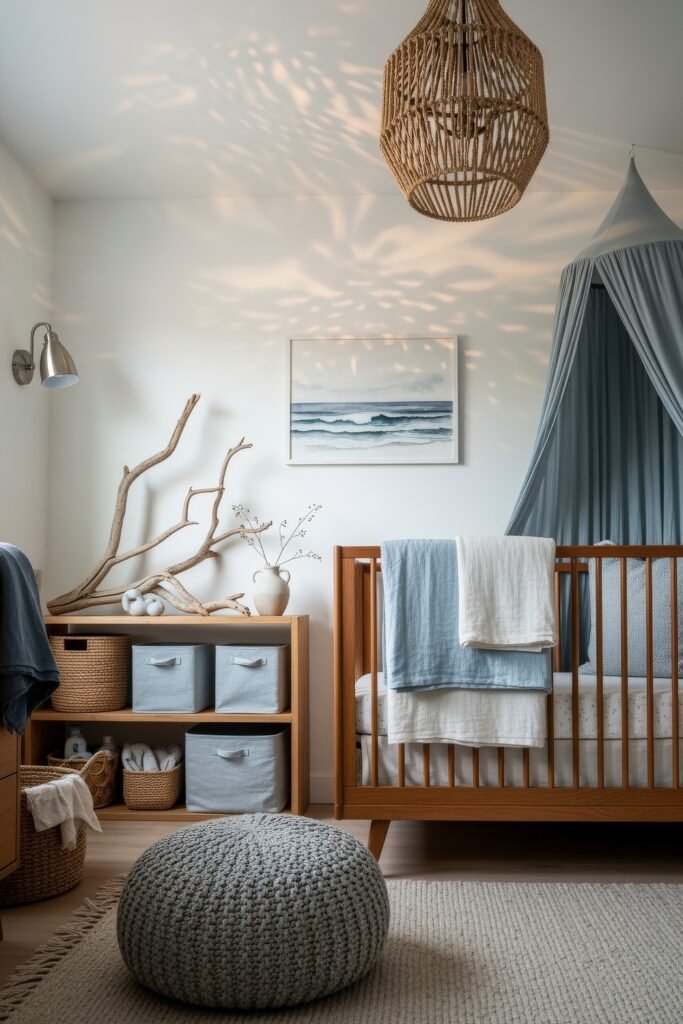 Dreamy Nursery Bedrooms: Baby Nursery Ideas for Boy 10 Ocean-themed baby nursery idea for boy with wooden crib, soft blue textiles, driftwood accents, and a coastal artwork for a calm, dreamy retreat.