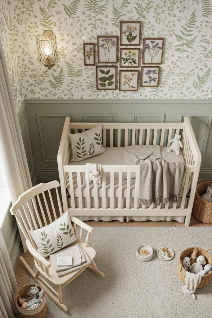 Dreamy & Stylish Baby Nursery Ideas for Girl 9 Nature-inspired nursery with fern wallpaper, framed botanical prints, cream crib, and wooden rocking chair for a soft botanical theme.