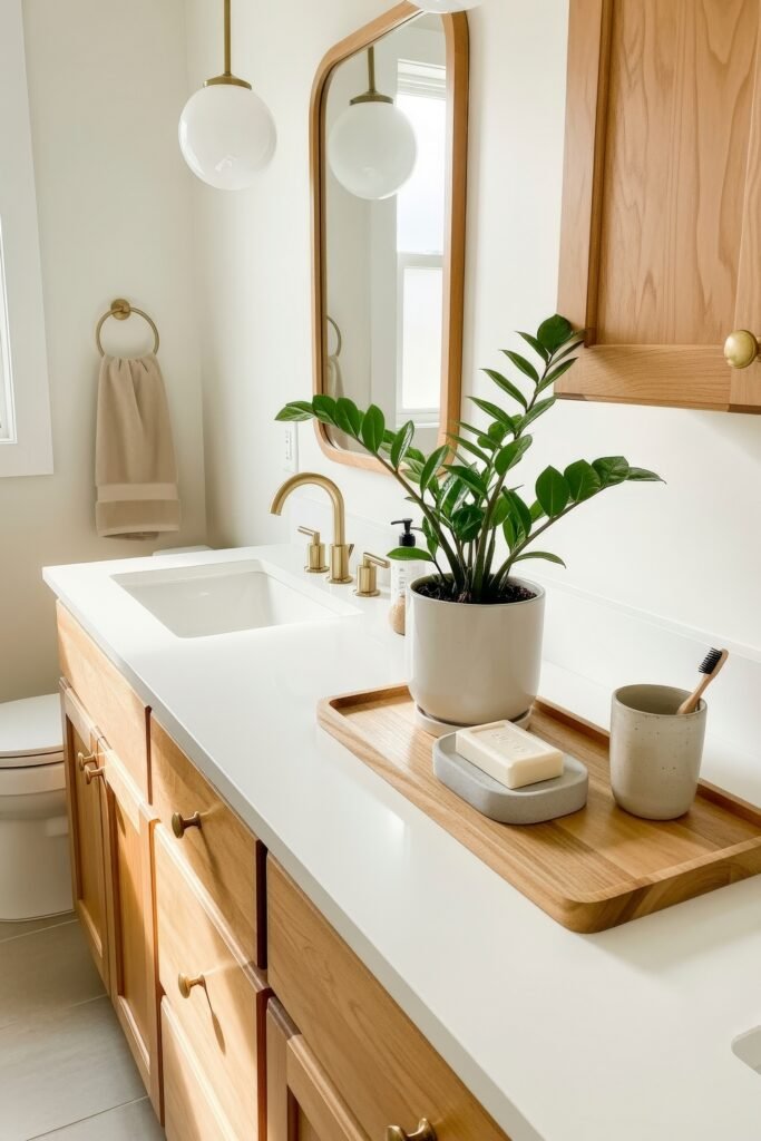 Stylish Bathroom Tray Ideas to Instantly Elevate Your Vanity 10 A minimalist bathroom setup featuring a light wood bathroom tray with a potted plant, a soap dish, and a cup with a toothbrush, arranged neatly on a white vanity with golden fixtures and warm wood cabinetry.