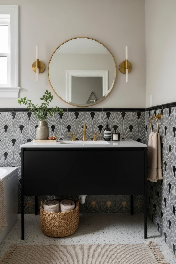 Black and Gold Bathroom Decor Ideas for Luxe Everyday Calm 11 Bathroom with patterned gray and black fan-shaped tiles, black vanity, gold faucet, round mirror, and woven basket storage beneath, styled with natural accents.