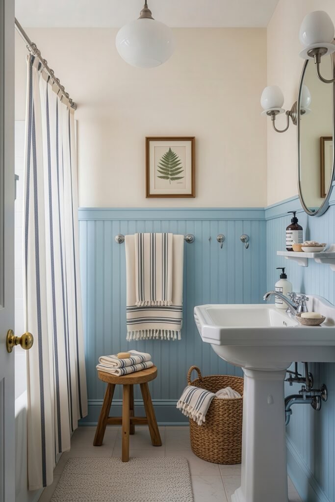 Blue Bathroom Decor: Fresh, Wow-Worthy Ideas 11 Bright bathroom with light blue wainscoting, striped towels, and a simple pedestal sink styled with coastal-inspired bathroom decor.