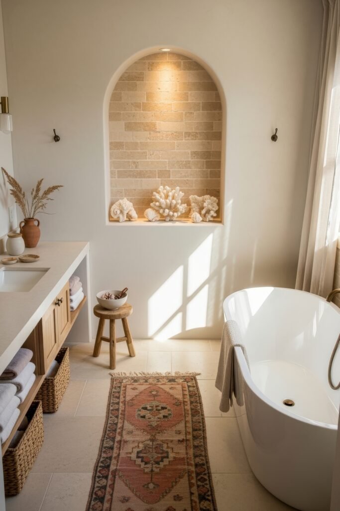 Fresh Ways to Layer Boho Bathroom Decor 12 Serene bathroom with white freestanding tub, arched alcove decorated with coral, vintage rug, and natural wood vanity for calming Bathroom Decor Inspo.