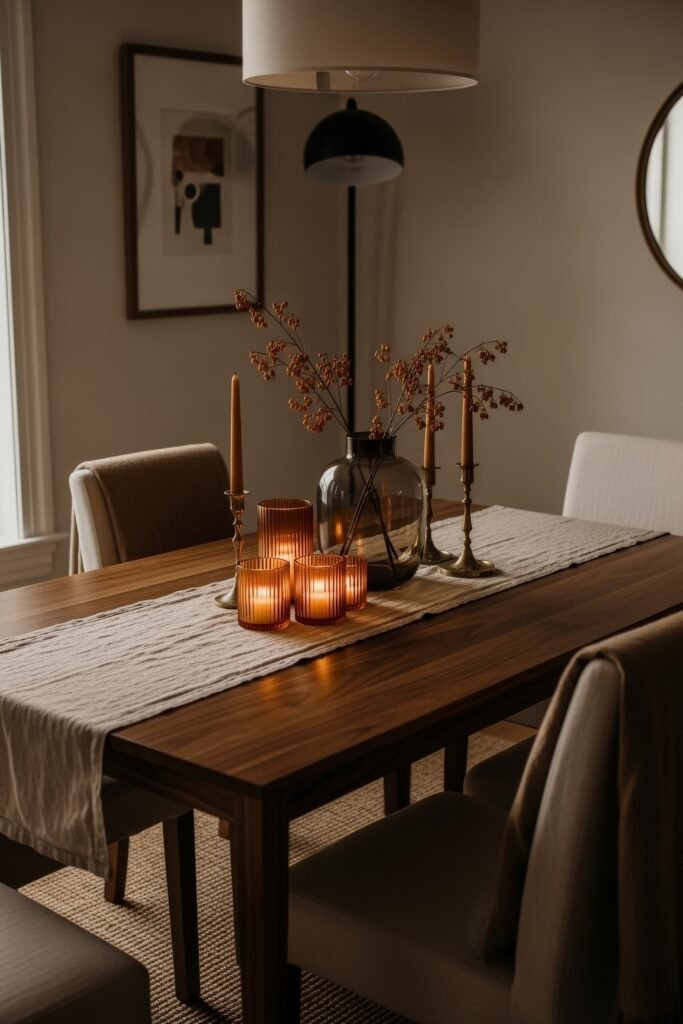 Cozy Boho Fall Decor: Ideas for Warm, Collected Style 13 Wooden dining table set with brass candlesticks, amber glass candles, and a smoky vase of dried stems, creating a cozy candlelit fall atmosphere.