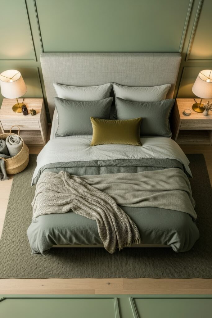 Soft & Stylish: Cozy Bedroom Ideas for an Effortless Retreat 13 Modern serene bedroom in muted sage tones, featuring layered bedding, textured throws, gold-accented lamps, and woven storage basket.