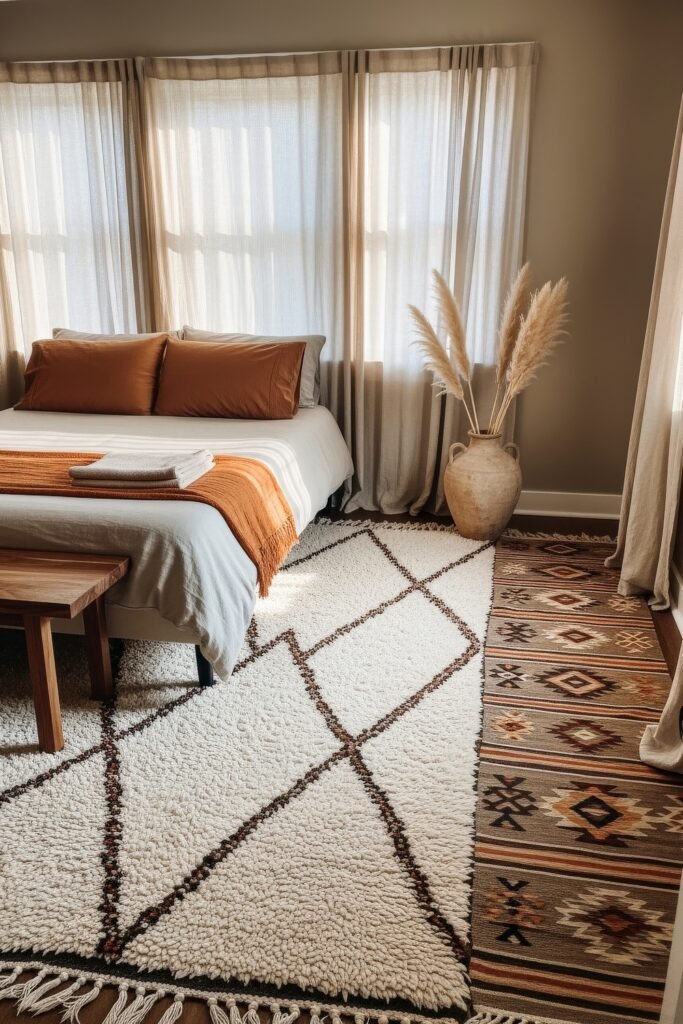 Dreamy Ways to Style a Cozy Boho Bedroom 11 Sunlit bedroom featuring burnt orange pillows, a matching throw, and soft beige bedding, with layered rugs—one in tribal patterns and another shaggy with geometric lines—plus pampas grass in a large ceramic vase, evoking a cozy boho bedroom feel.