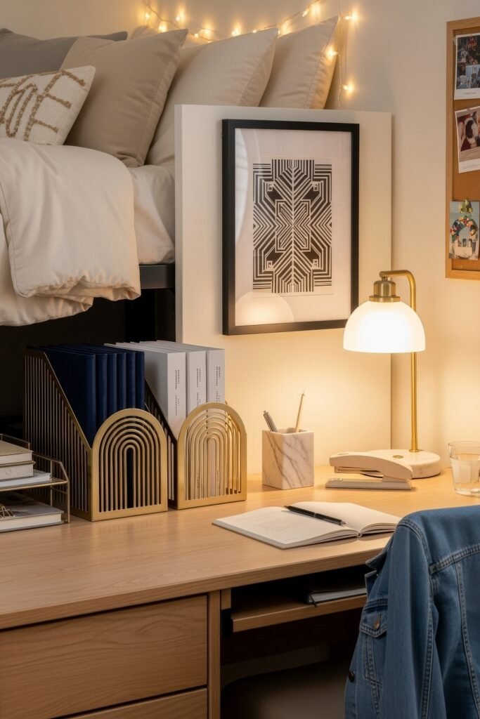 Dorm desk organization ideas for a chic glow-up 10 Elegant dorm desk with gold and marble organizers, a glowing lamp, and an open notebook beneath string lights by the bed.