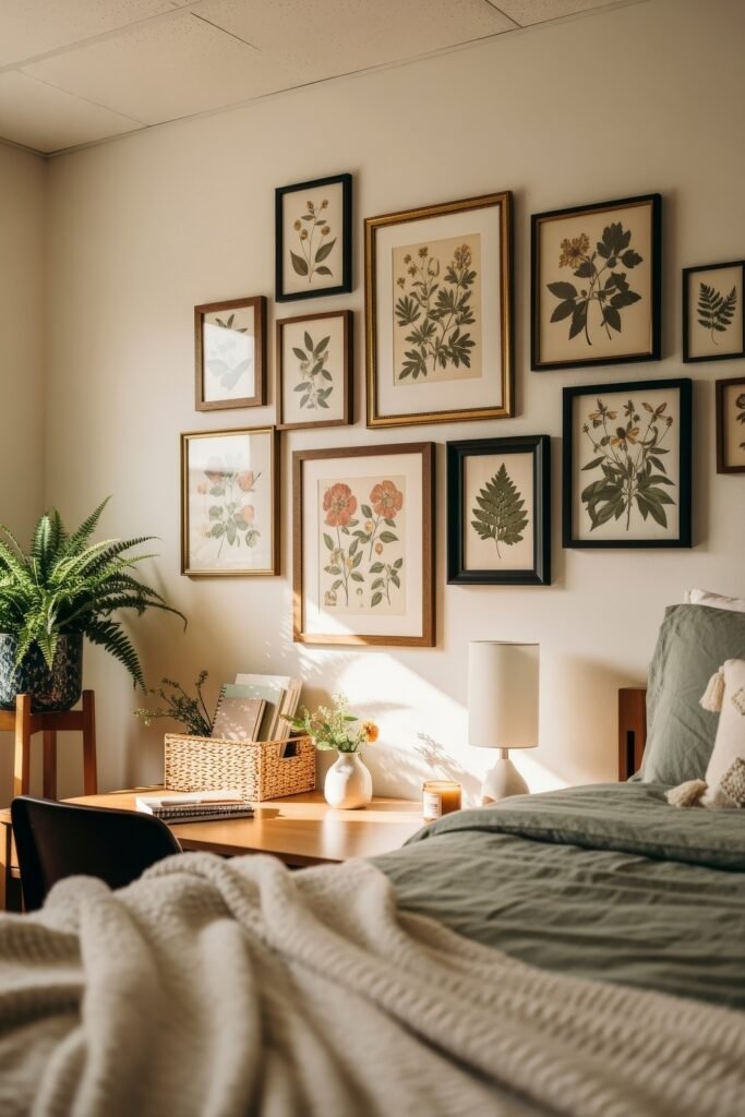 Trend-Forward dorm wall décor Ideas 9 Inviting dorm room with framed botanical prints covering the wall, a desk styled with plants and woven baskets, and a bed dressed in green bedding.