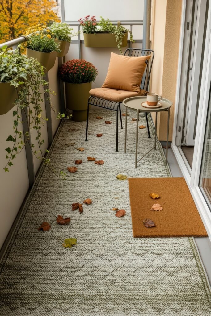 Cozy Entry Glow: Fall Porch Ideas to Try 12 Small balcony with a cushioned chair, round table with a coffee cup, and planters of mums and ivy surrounded by scattered fall leaves.