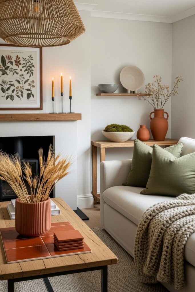 Fresh farmhouse fall decor Ideas for a Cozy, Modern Home 12 Neutral living room with a light sofa, green pillows, woven textures, terracotta vases, and wheat stems, styled with farmhouse fall decor touches.
