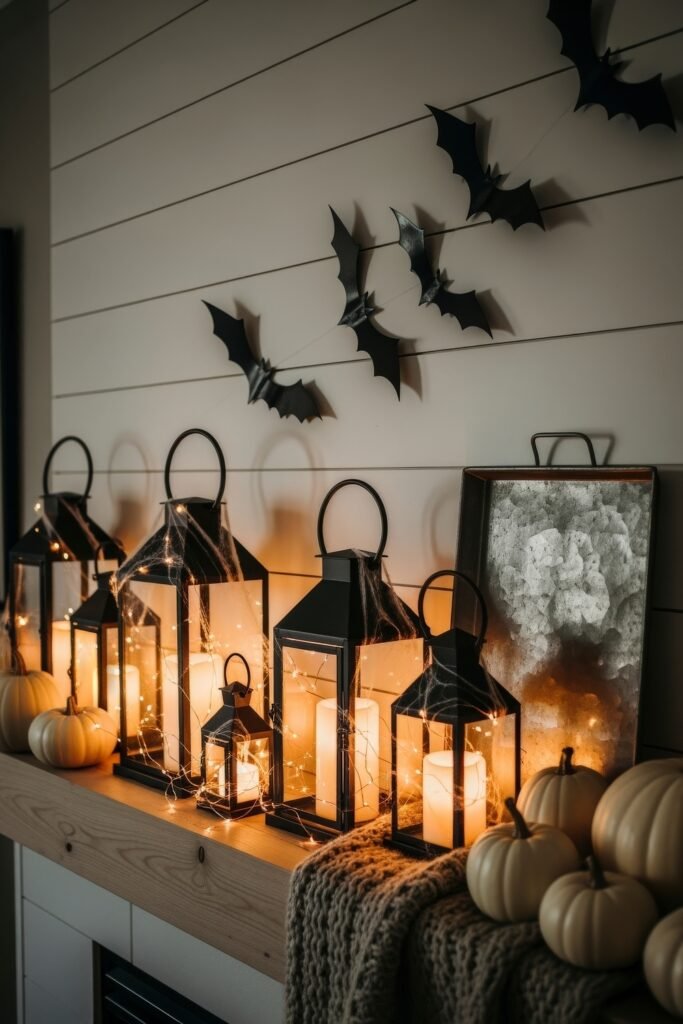 Chic Farmhouse Halloween: 13 Cozy, Stylish Decor Ideas 10 Mantel display featuring black lanterns with glowing candles, string lights, white pumpkins, cozy knit textures, and black bat wall decorations for a moody Halloween home scene.
