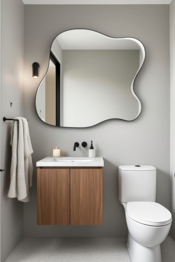 Half Bathroom Decor, Elevated: Jewel-Box Ideas 11 Minimalist half bathroom with a floating wood vanity, abstract mirror, matte black fixtures, and soft gray walls.