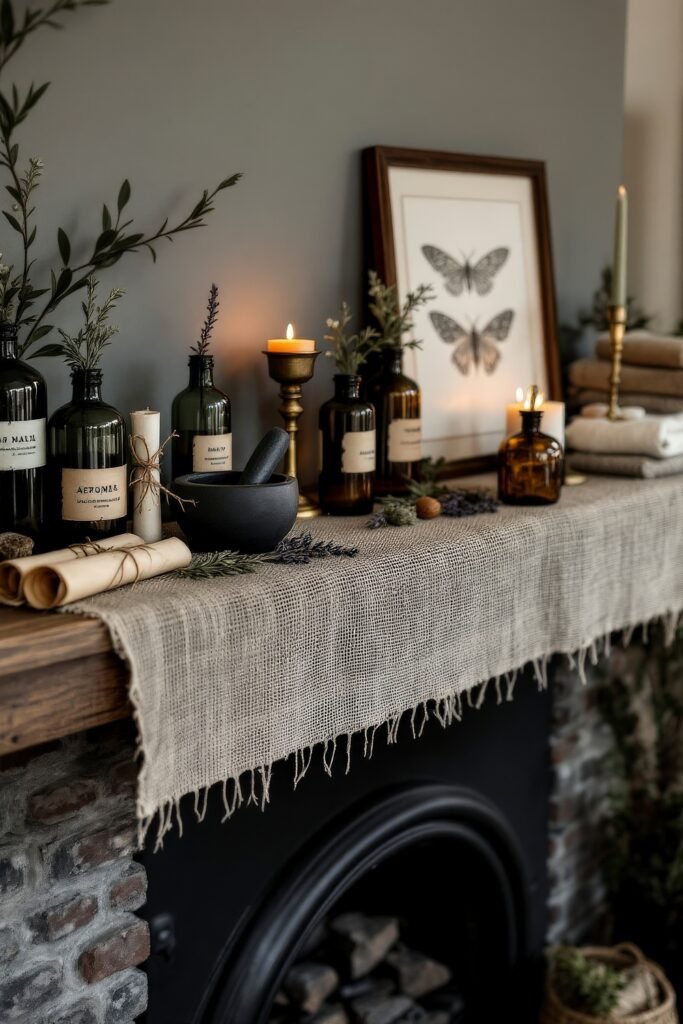 Spooky-Chic Halloween Fireplace Décor: Stylish Mantel Ideas 12 A rustic mantel draped in burlap, decorated with apothecary bottles, candles, herbs, and a framed butterfly illustration for a vintage-inspired Halloween display.