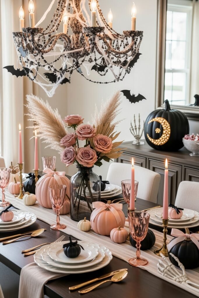 Spooky-Chic Magic: halloween home décor Ideas You’ll Love 13 Elegant dining room with blush and black pumpkins, pink candles, and roses beneath a chandelier draped in cobwebs for a chic halloween home décor.