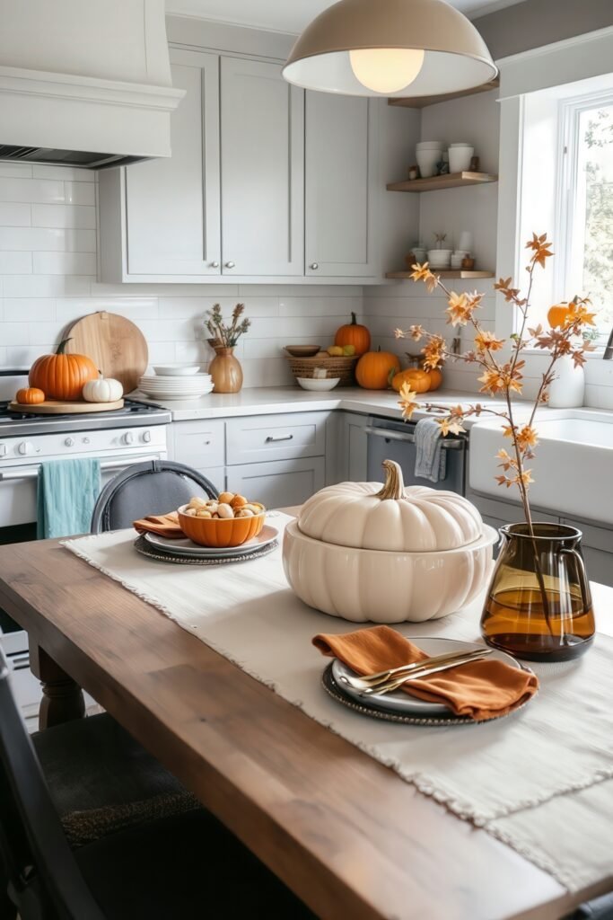 Fresh Ideas for your halloween kitchen 9 A bright kitchen with a wooden table set for fall, styled with an oversized white pumpkin dish, amber vase with autumn branches, and smaller pumpkins throughout.