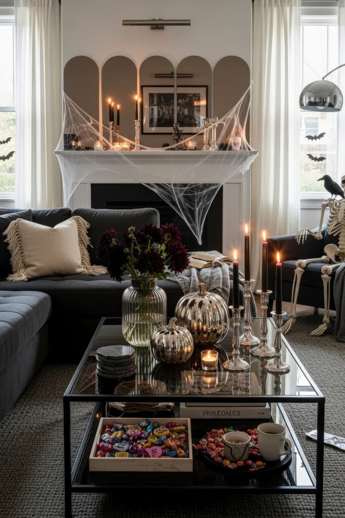 Stylish halloween living room Ideas: 15 Fresh Styles 11 Elegant halloween living room with silver pumpkins, black candles, cobwebs over the fireplace, and a skeleton seated by the window.