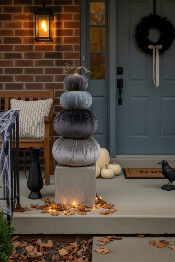 Spooky-Chic halloween porch ideas for Instant Curb Appeal 12 Brick porch with stacked velvet pumpkins, a black wreath, string lights, and autumn leaves scattered across the steps.
