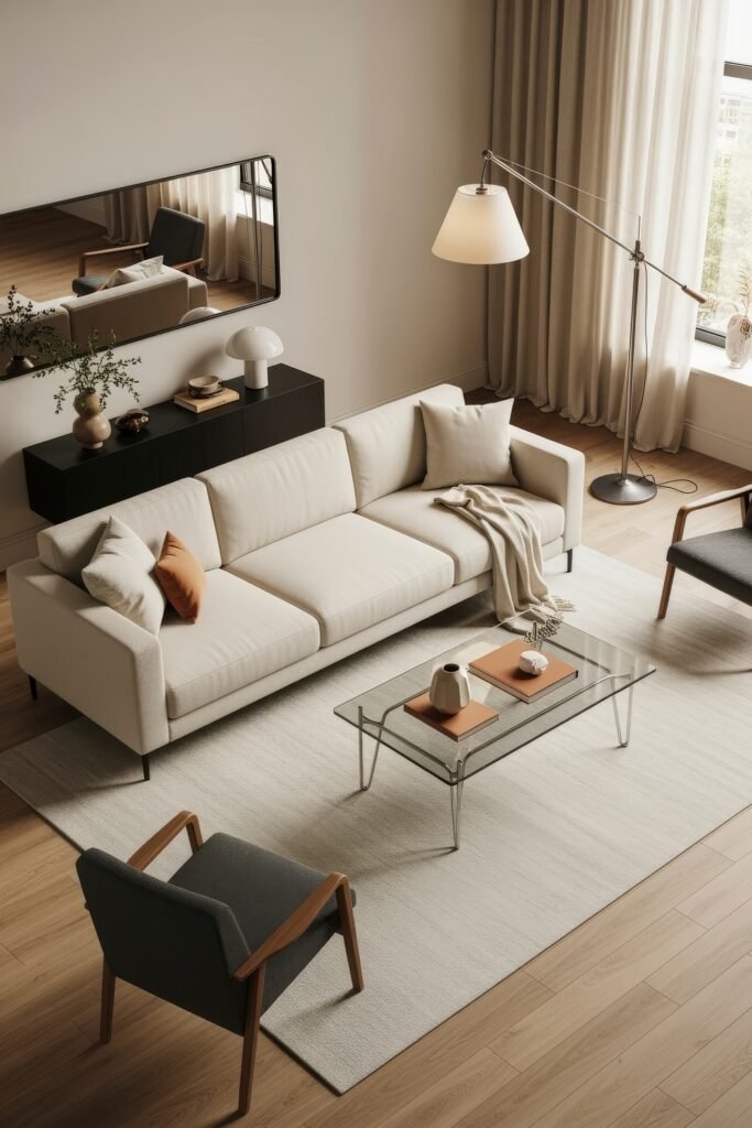 Ideas to Nail a Luxury Apartment Aesthetic 11 Modern living room with a cream sofa, glass coffee table, and tall floor lamp, styled with warm accents and a sleek black sideboard beneath a large mirror.