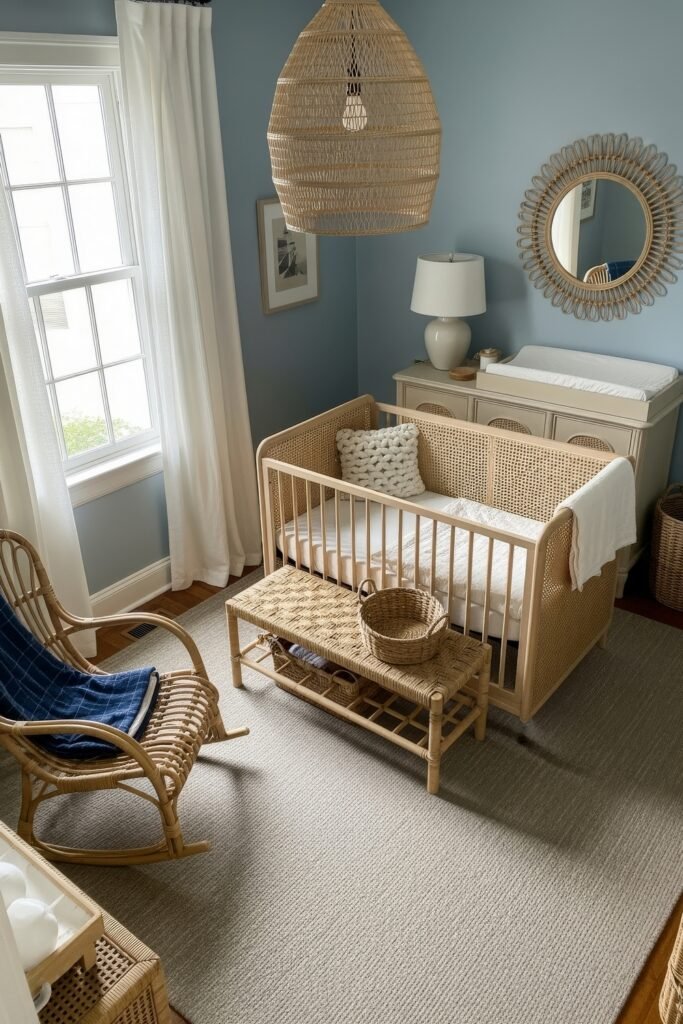 Fresh nautical nursery ideas for a calm, stylish baby room 11 Coastal-inspired nursery with rattan crib, woven pendant light, wicker details, and soft blue walls for a serene nautical feel.