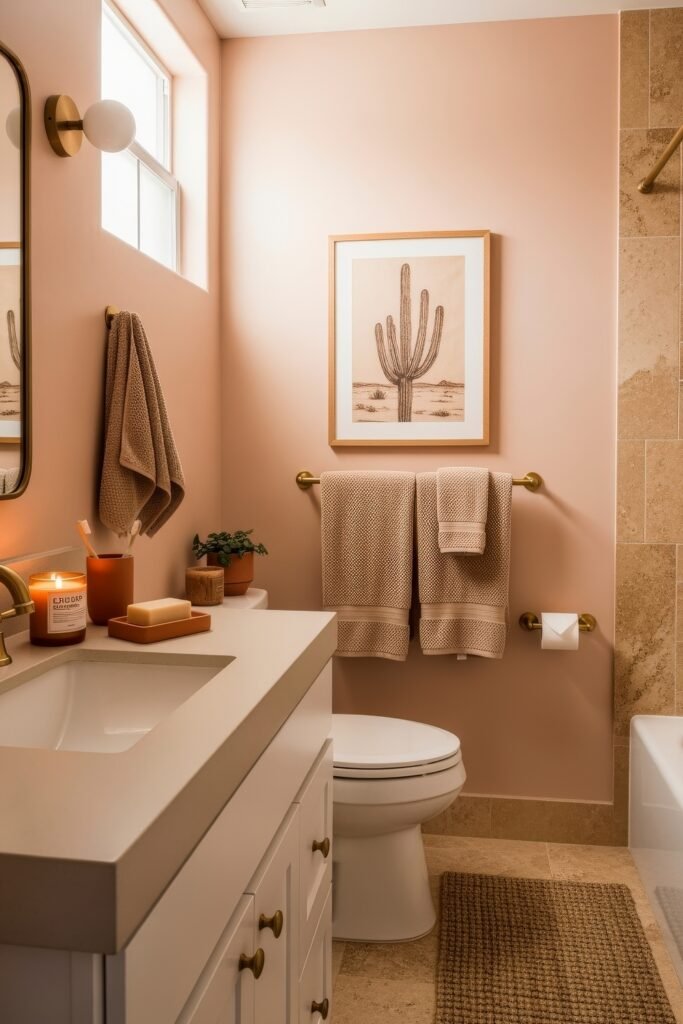 Fresh Ways to Style Pink Bathroom Decor: Looks That Glow 13 Cozy bathroom with soft peach-pink walls, beige stone tiles, and warm lighting, styled with cactus artwork, candles, and textured towels for subtle pink bathroom decor.