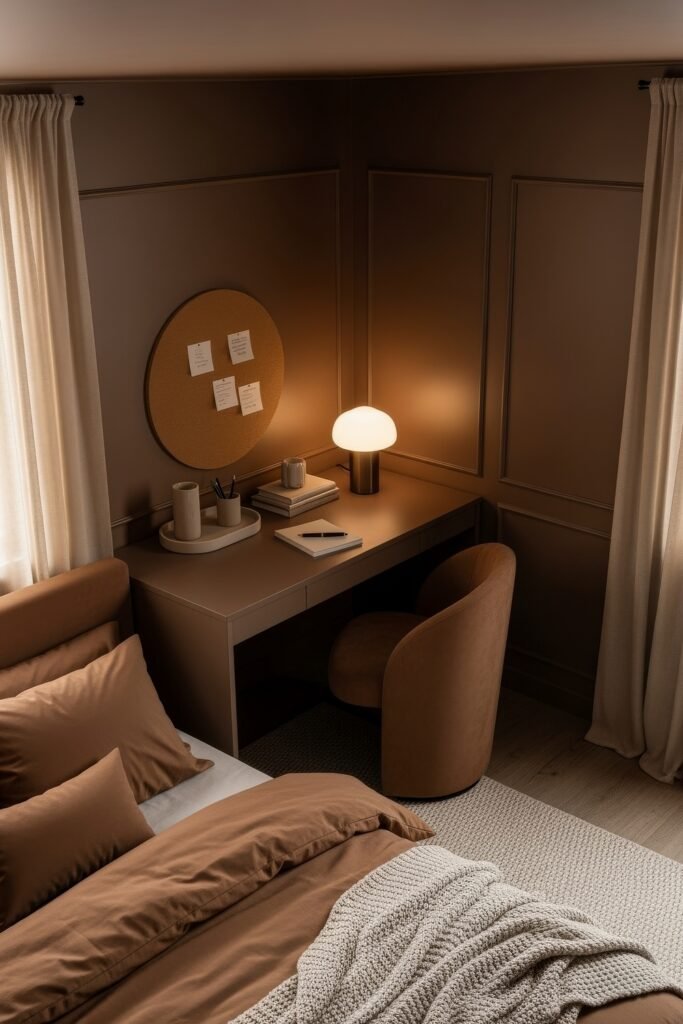 Small Bedroom Office Combo Ideas That Actually Look Chic 13 Cozy monochrome brown bedroom with a desk by the window, round corkboard, sculptural lamp, and curved upholstered chair.