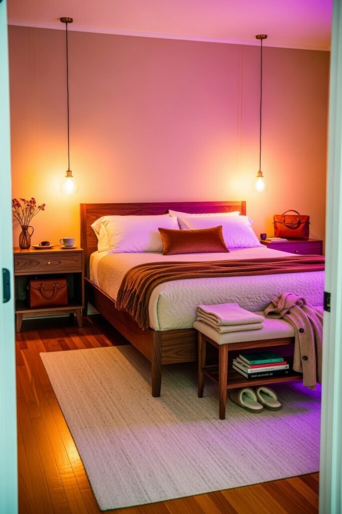 Small Bedroom Style Ideas: 15 Chic Looks That Work 14 Warm-toned bedroom with mid-century wood furniture, white bedding, and amber lighting creating a cozy, intimate atmosphere.