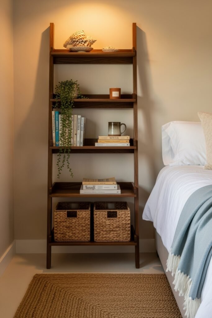 Smart, Stylish Storage Ideas for Small Bedrooms 13 Wooden ladder shelf beside a bed, styled with books, a plant, candles, and woven baskets for practical small bedroom storage ideas.