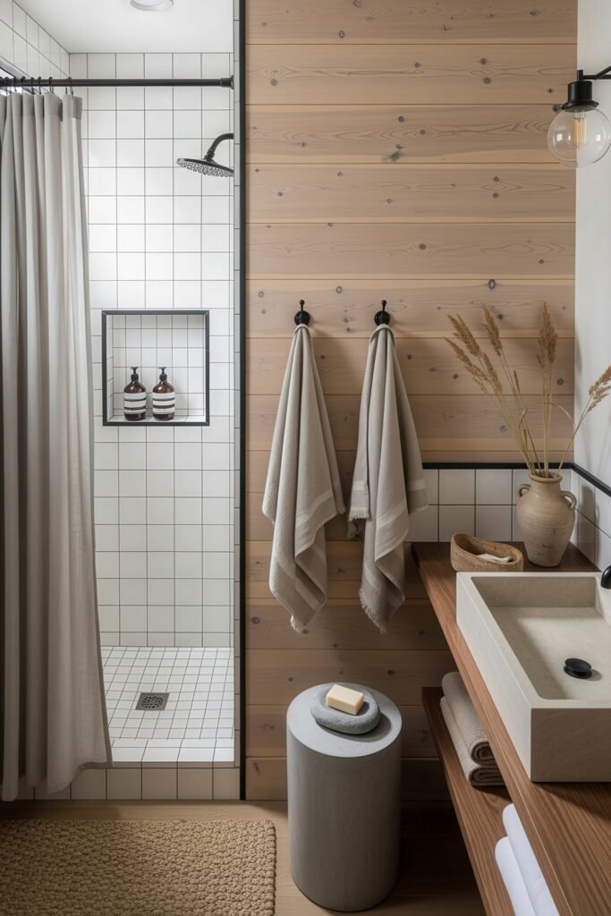Desert-Modern Magic: Western Bathroom Decor Ideas 13 Bathroom with a tiled shower, wood wall paneling, stone sink, and earthy decor for a rustic western bathroom decor vibe.