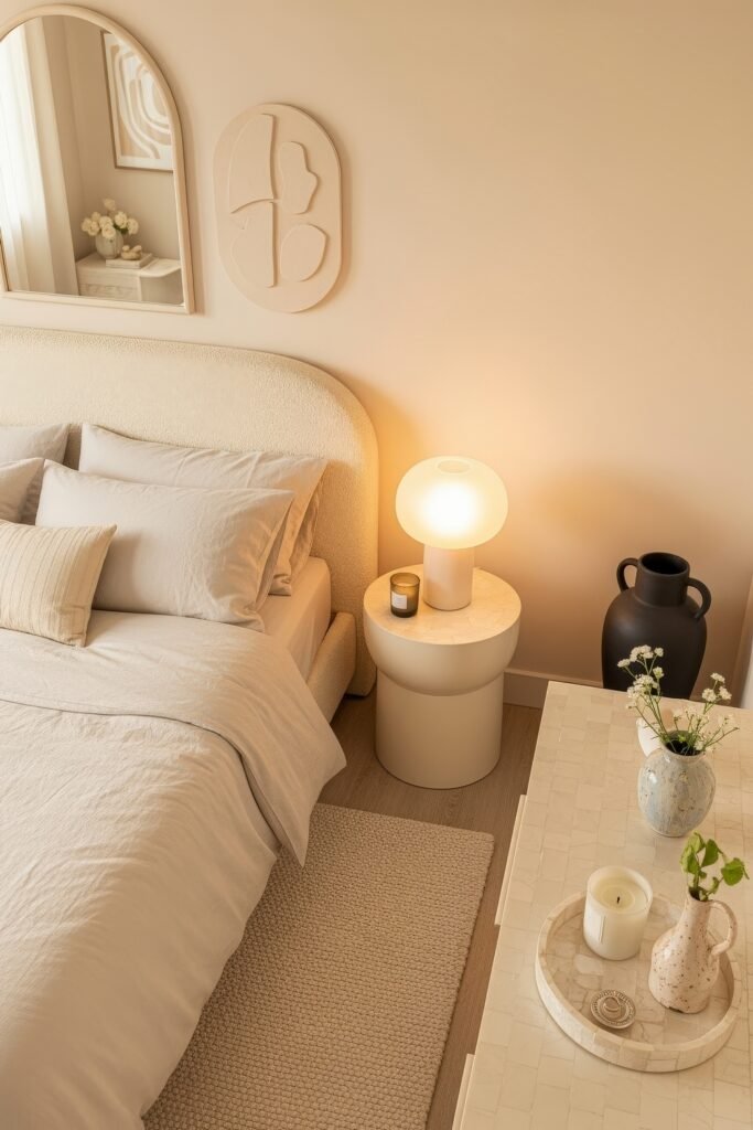 Chic Ideas for Aesthetic Apartment Decor That Feels Effortless 13 Serene bedroom in warm neutrals with a rounded upholstered headboard, layered beige bedding, and a glowing lamp on a curved nightstand.