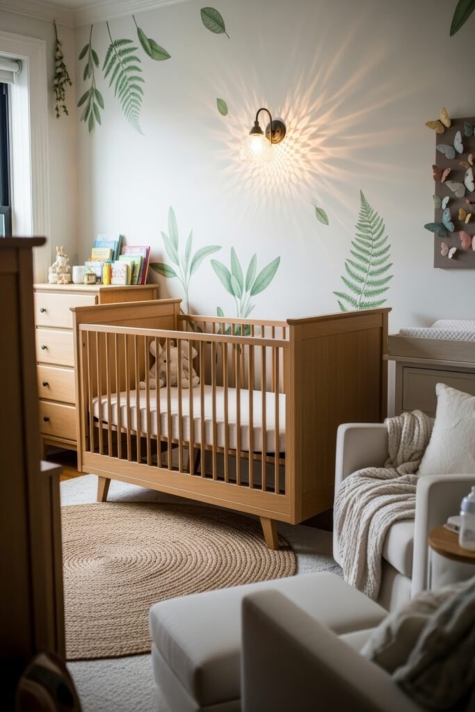 Dreamy & Stylish Baby Nursery Ideas for Girl 10 Leaf-themed nursery with a wooden crib, green wall decals, butterfly art, and cozy seating, styled in natural earthy tones.