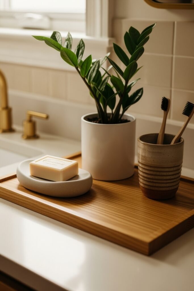 Stylish Bathroom Tray Ideas to Instantly Elevate Your Vanity 11 A minimal bathroom tray on a white countertop holding a potted plant, bar soap in a stone dish, and a ceramic cup with wooden toothbrushes, styled near gold fixtures and a tiled backsplash.
